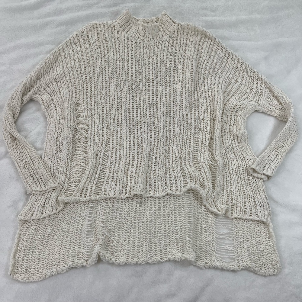 Free People Mock Neck Oversized Tunic Pullover Knit Sweater Cream Off White